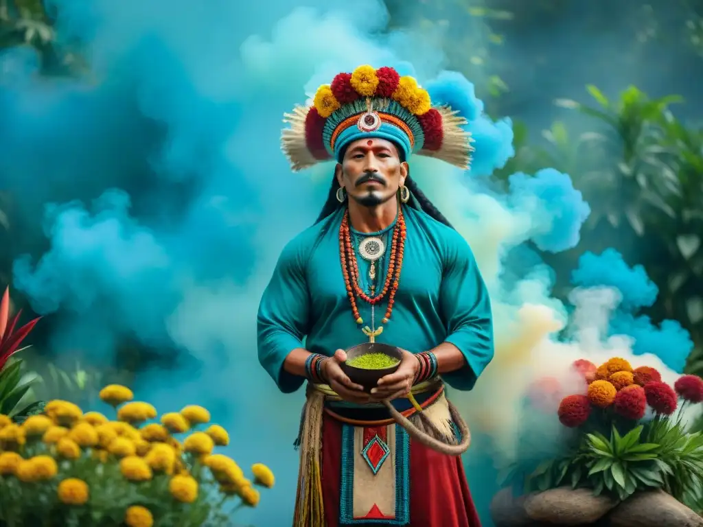 Un chamán maya realiza un ritual sagrado rodeado de colores vibrantes en una escena mística