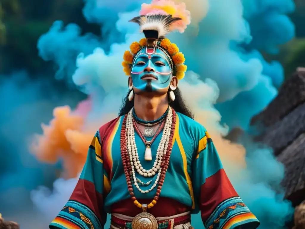 Un chamán maya realiza un ritual sagrado rodeado de colores vibrantes que simbolizan la cosmovisión maya