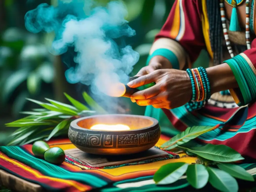 Un chamán maya realiza un ritual sagrado para preparar Balché, rodeado de naturaleza y textiles coloridos