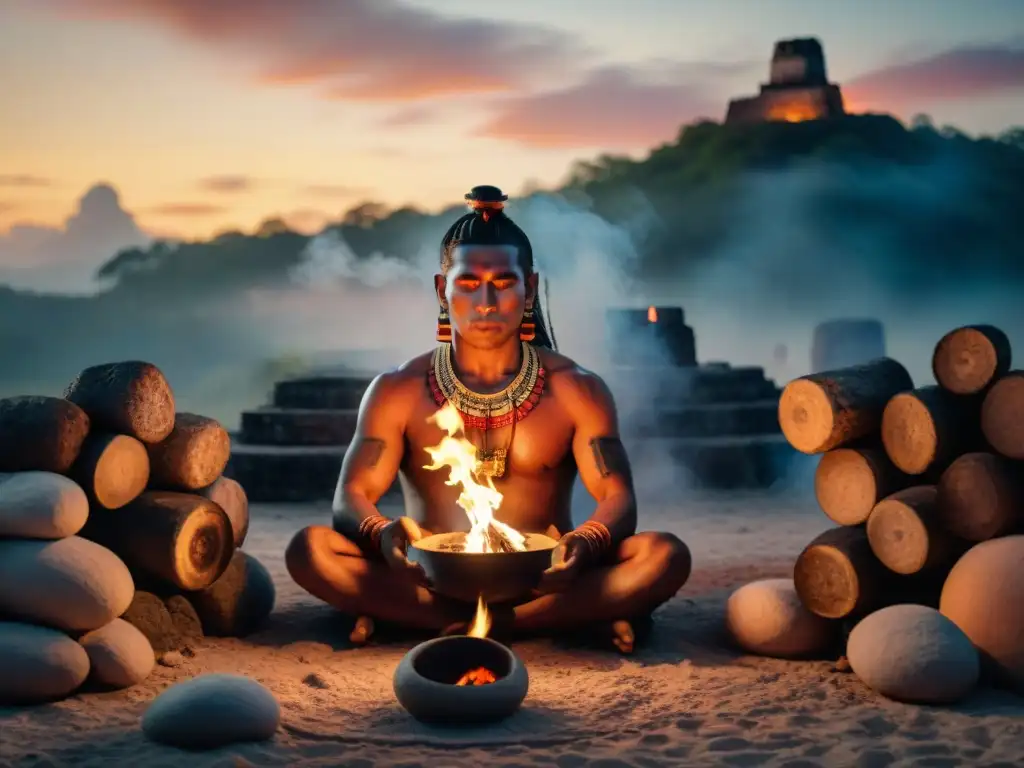 Un chamán maya realiza un ritual sagrado junto al fuego al atardecer, iluminando su rostro con una mezcla de concentración y conexión espiritual