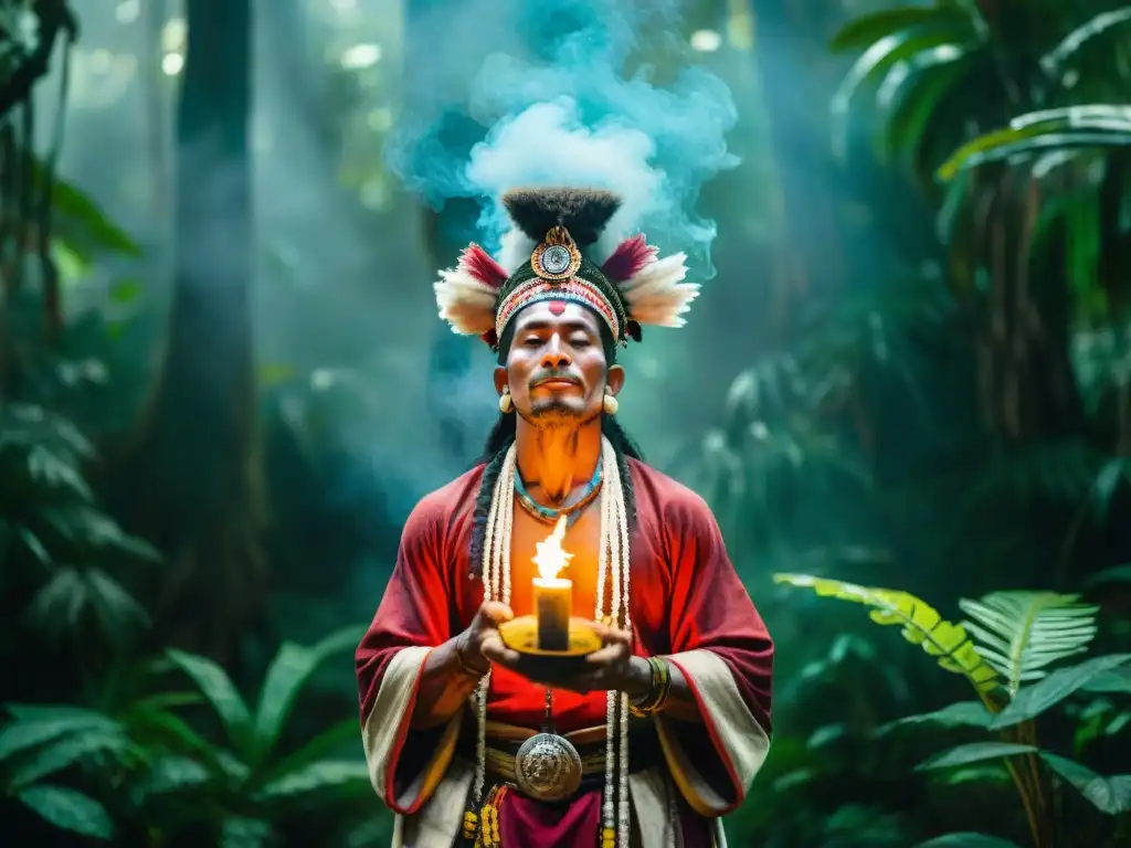 Un chamán maya realiza un ritual sagrado en la selva, rodeado de colores y humo