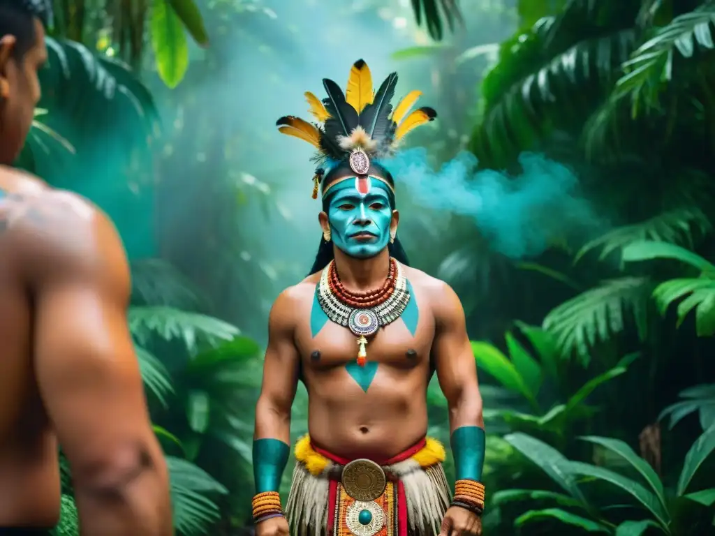 Un chamán maya realiza un ritual sagrado entre la exuberante selva, rodeado de miembros de la comunidad en atuendos tradicionales