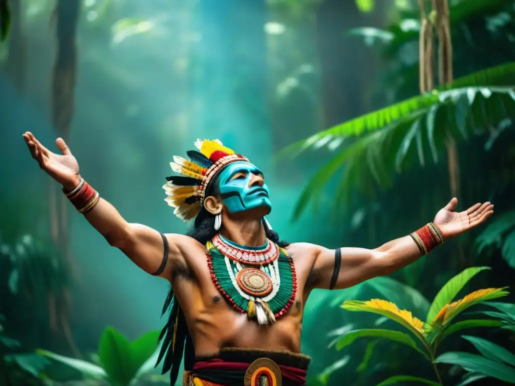 Un chamán maya realiza un ritual sagrado en la selva, mostrando respeto a la naturaleza