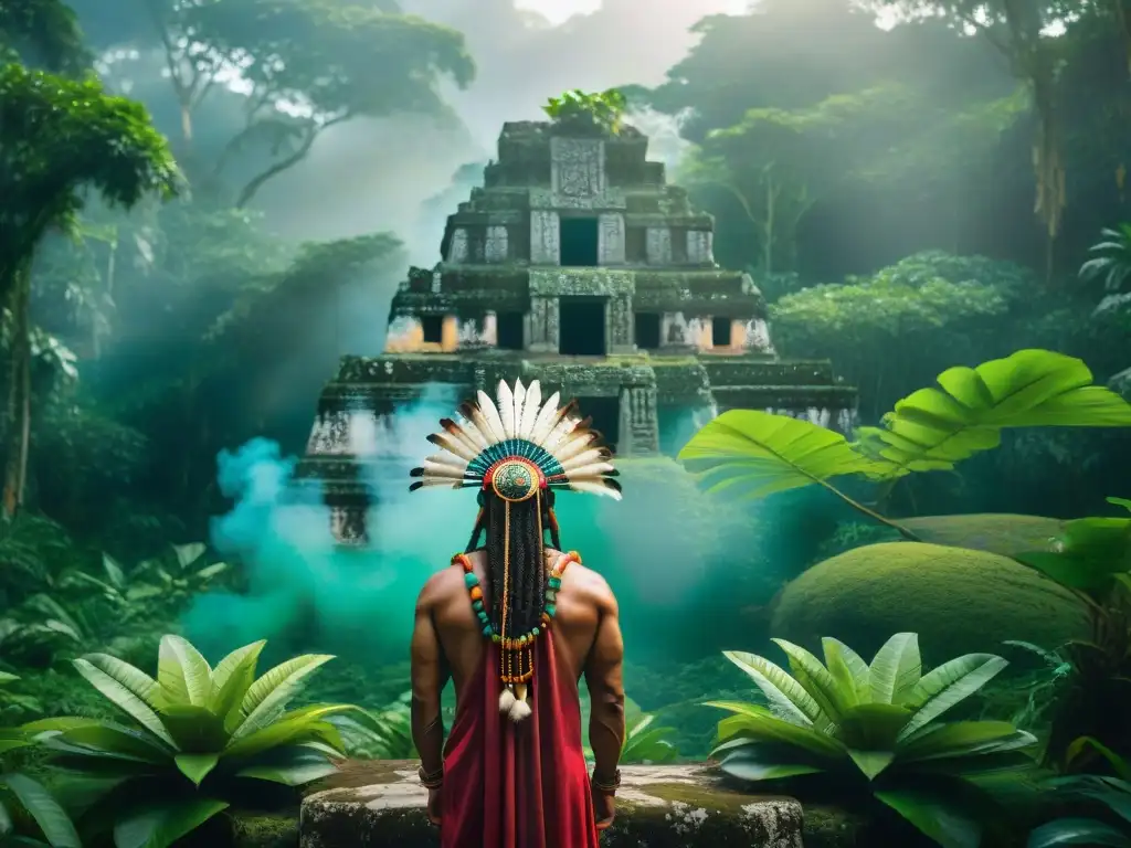 Un chamán maya realiza un ritual sagrado en la selva, rodeado de ruinas antiguas y exuberante vegetación