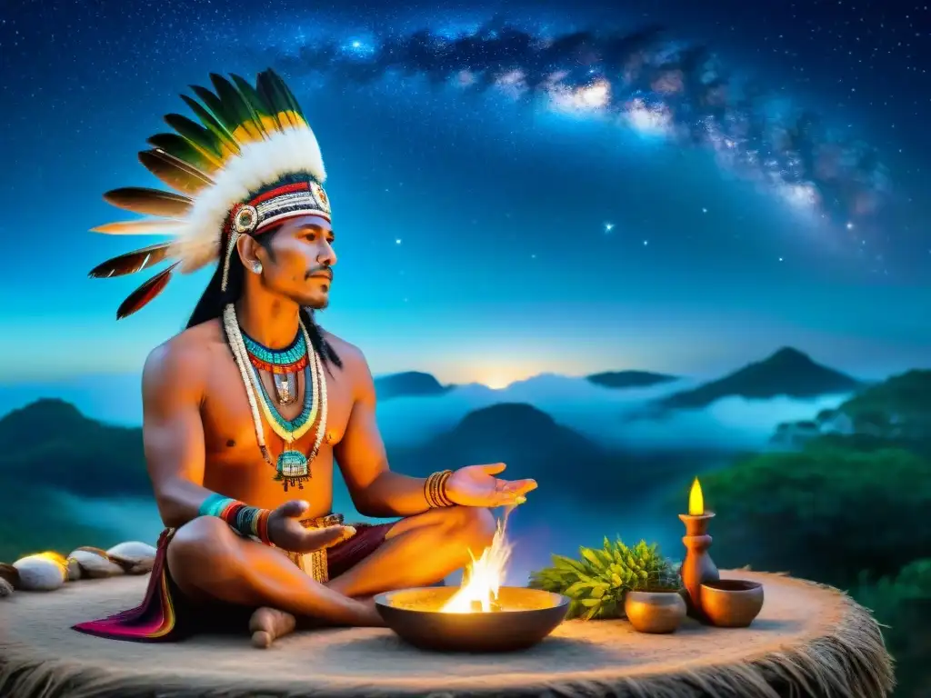 Ritual de sanación maya bajo el cielo estrellado Un chamán maya realiza un ritual de sanación bajo el cielo nocturno, rodeado de hierbas aromáticas y artefactos místicos