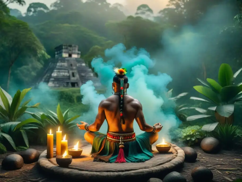 Un chamán maya realiza un ritual de sanación en la selva con velas y humo de copal