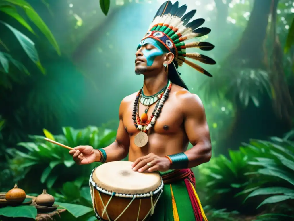 Un chamán maya realiza un ritual sanador con música tradicional en la selva