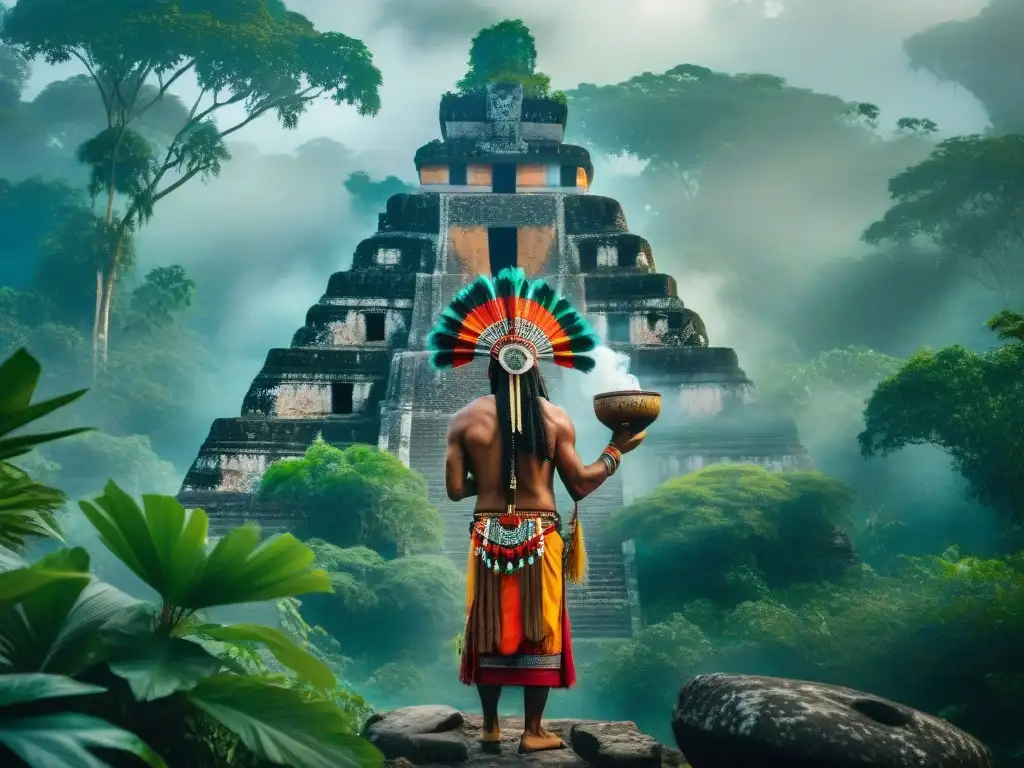 Un chamán maya realiza un ritual en la selva, rodeado de ruinas antiguas y un misterioso Alux, conectando leyendas mayas, aluxes e influencia cultural