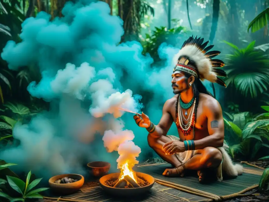 Un chamán maya realiza un ritual de purificación en la selva, rodeado de humo de copal