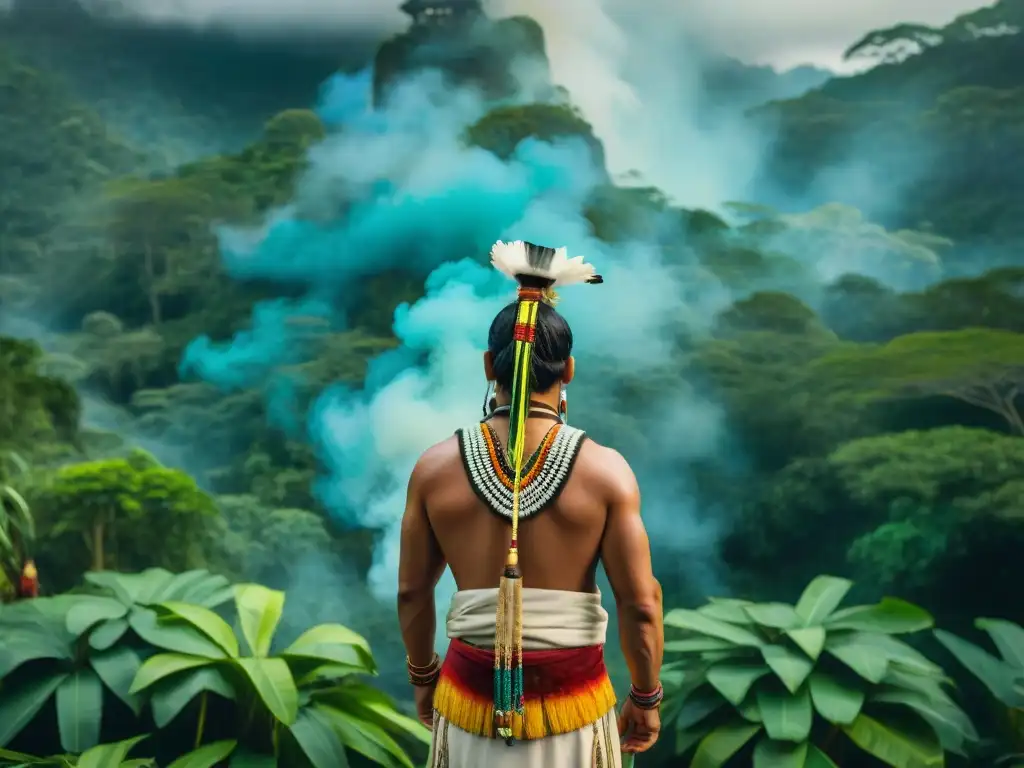 Un chamán Maya realiza un ritual en la selva, rodeado de seguidores devotos