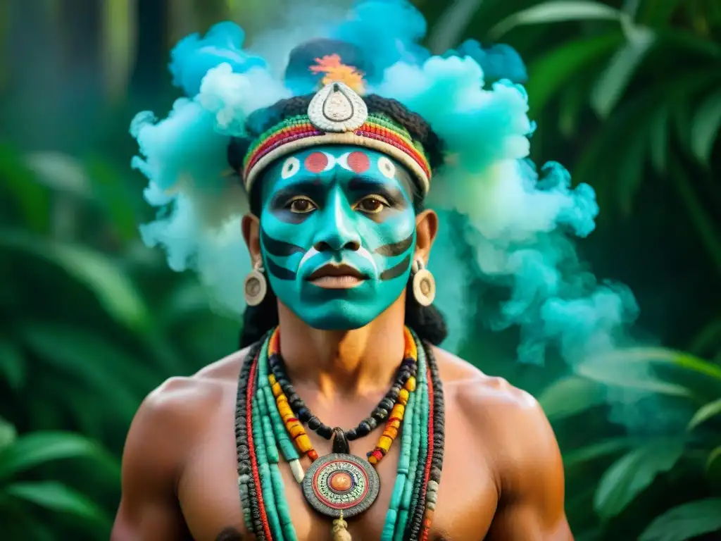 Un chamán Maya realiza un ritual en la selva, rodeado de naturaleza exuberante y vida silvestre, con un jaguar en el fondo