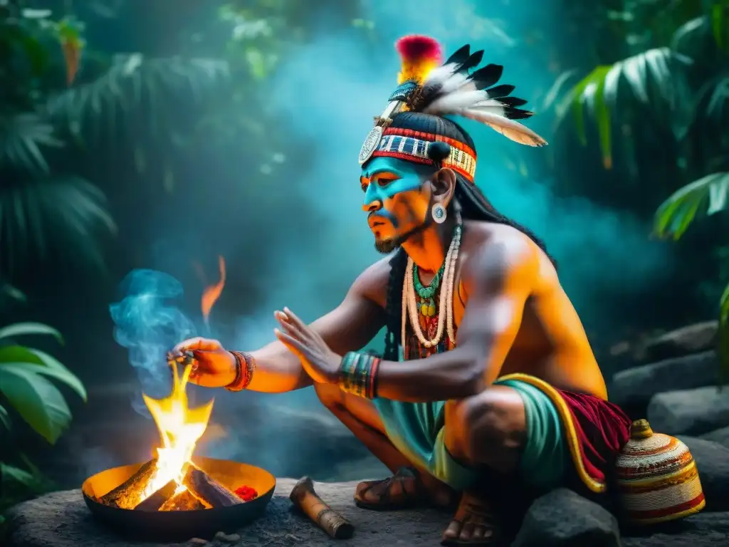 Un chamán maya realiza un ritual en la selva con vestimenta tradicional y artefactos simbólicos, iluminado por el fuego