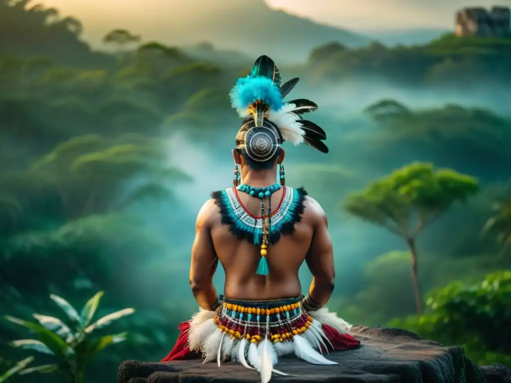 Un chamán maya realiza un ritual al amanecer en la selva, conectando con la naturaleza y la cosmovisión maya de bienestar y sostenibilidad