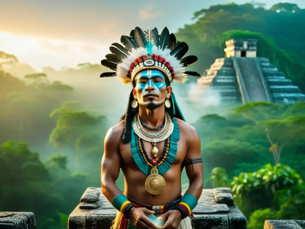 Un chamán maya realiza un ritual al amanecer en la selva ancestral