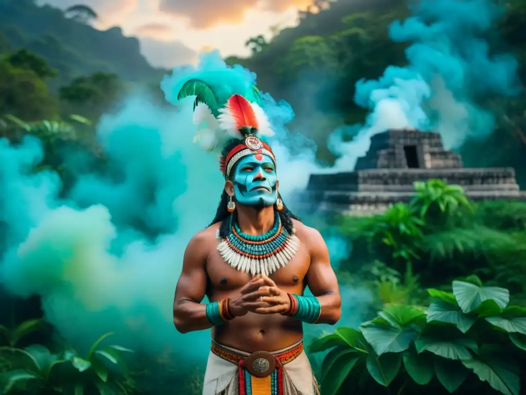 Un chamán maya realiza un ritual en la selva, conectando con lo espiritual