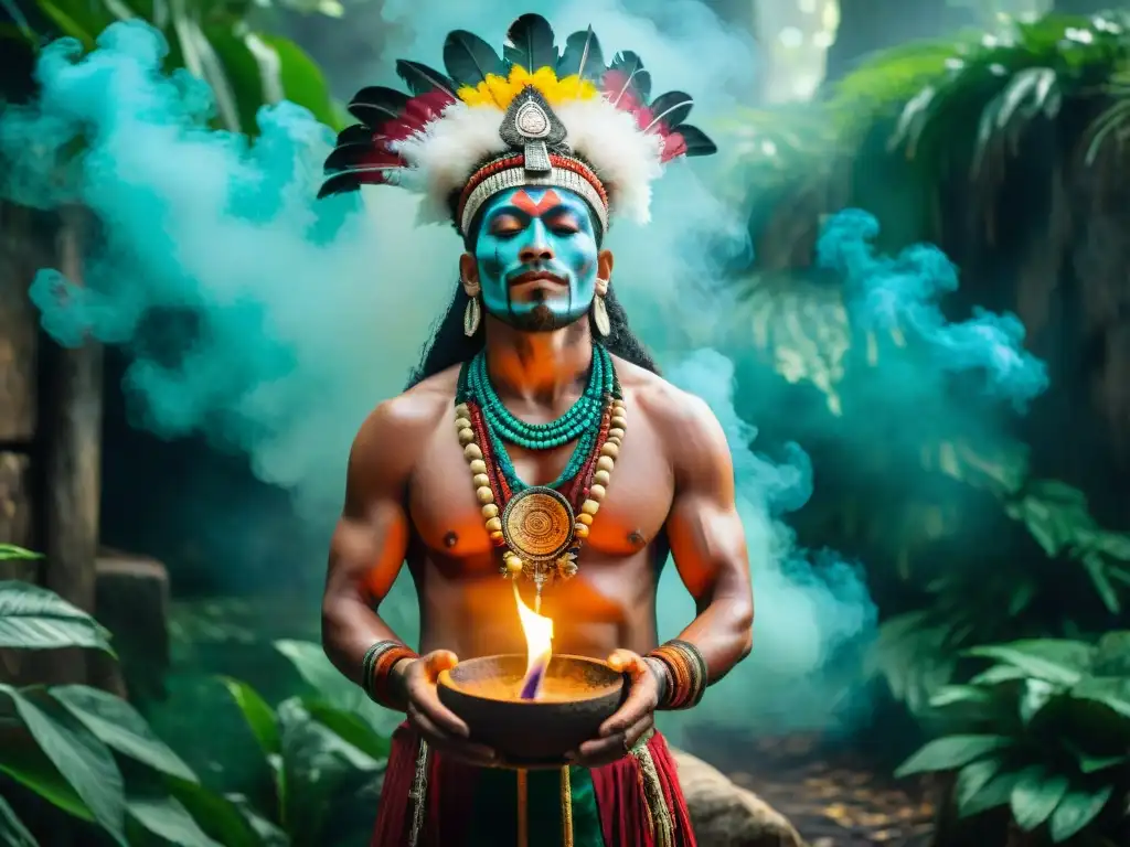 Un chamán maya realiza un ritual en la selva, rodeado de vegetación exuberante y ruinas antiguas