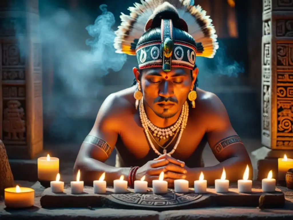 Un chamán maya realiza un ritual de iniciación en un templo iluminado por velas y copal