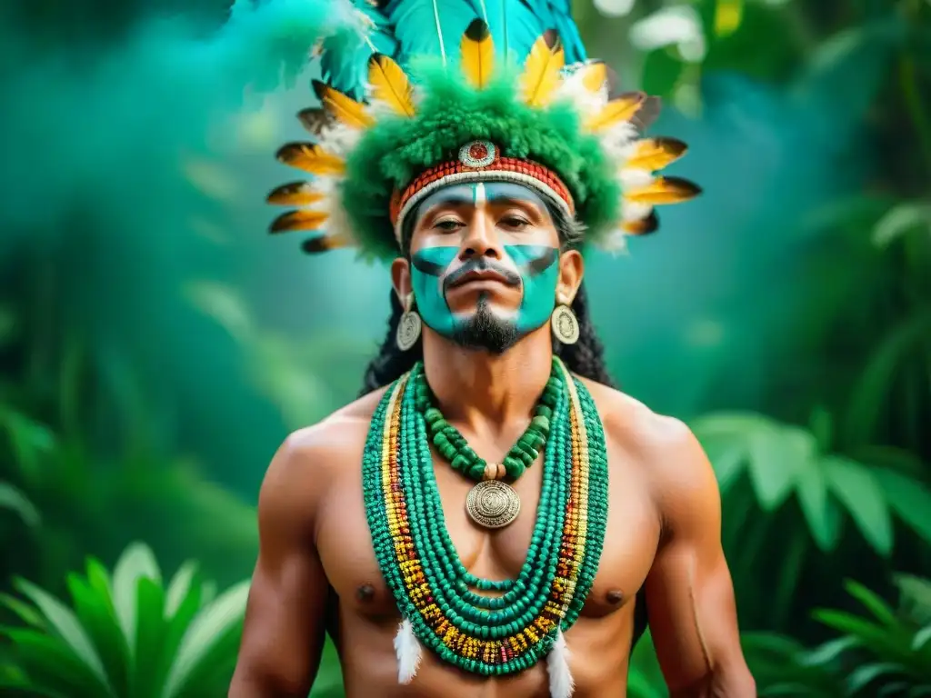 Un chamán maya en ritual con vestimentas ceremoniales, plumas y símbolos en la selva