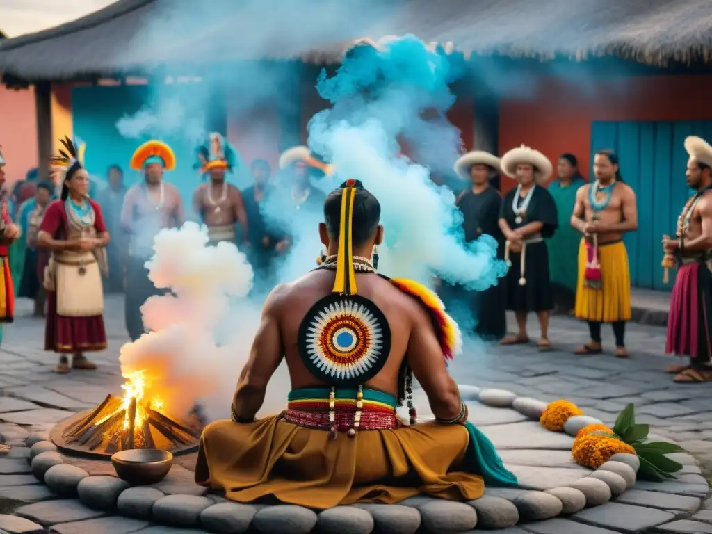 Un chamán maya lidera rituales de purificación en comunidad en una plaza vibrante al atardecer