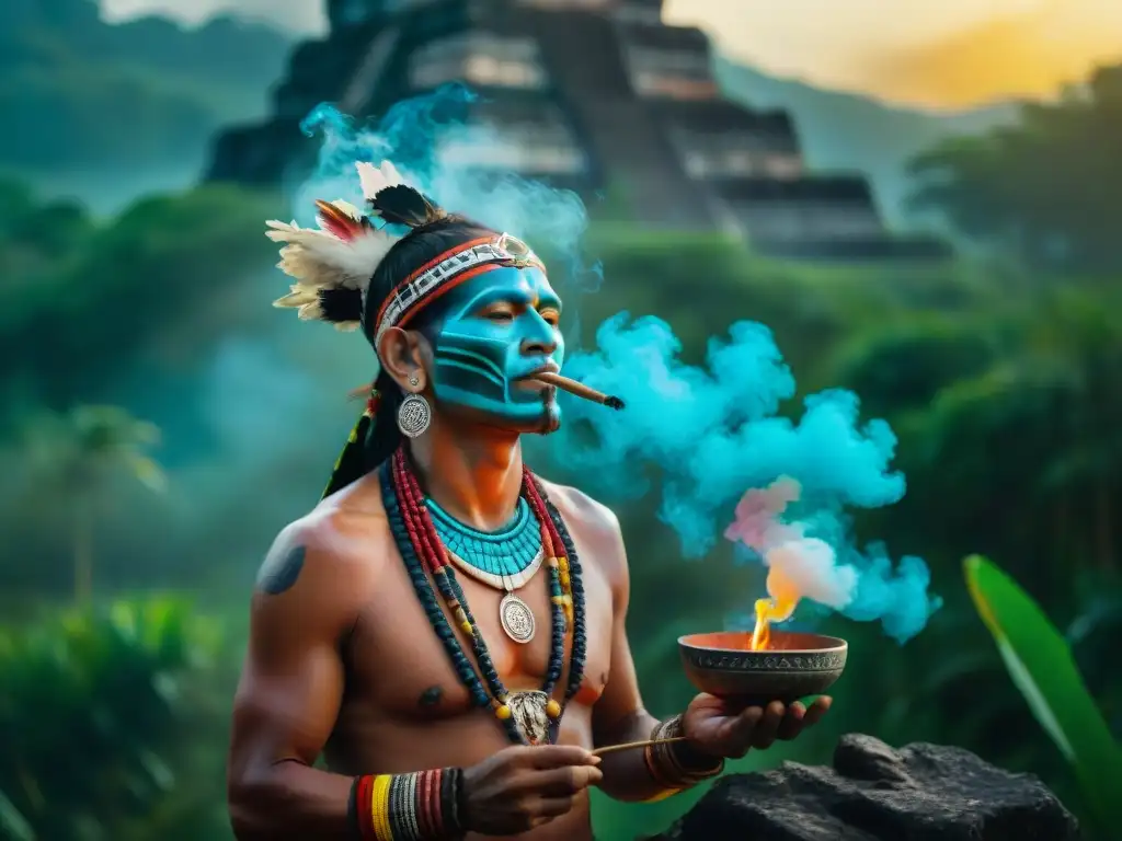 Un chamán maya realiza rituales matutinos en la selva con energía cósmica