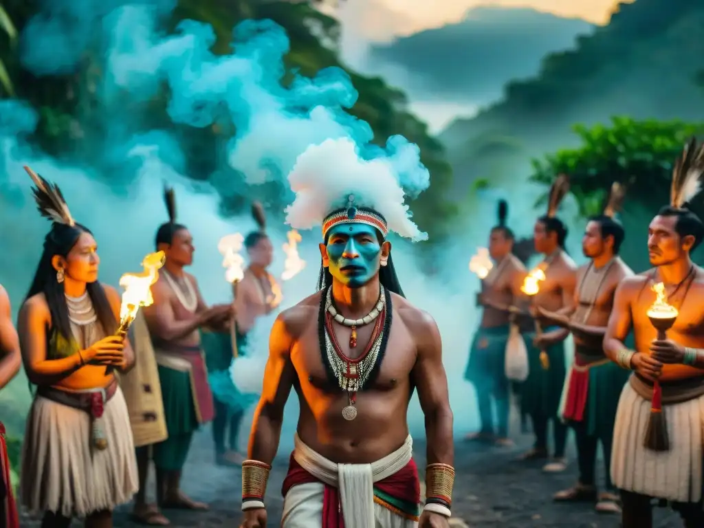 Un chamán maya lidera rituales de iniciación en la selva guatemalteca, rodeado de iniciados en un ambiente de energía espiritual y misticismo