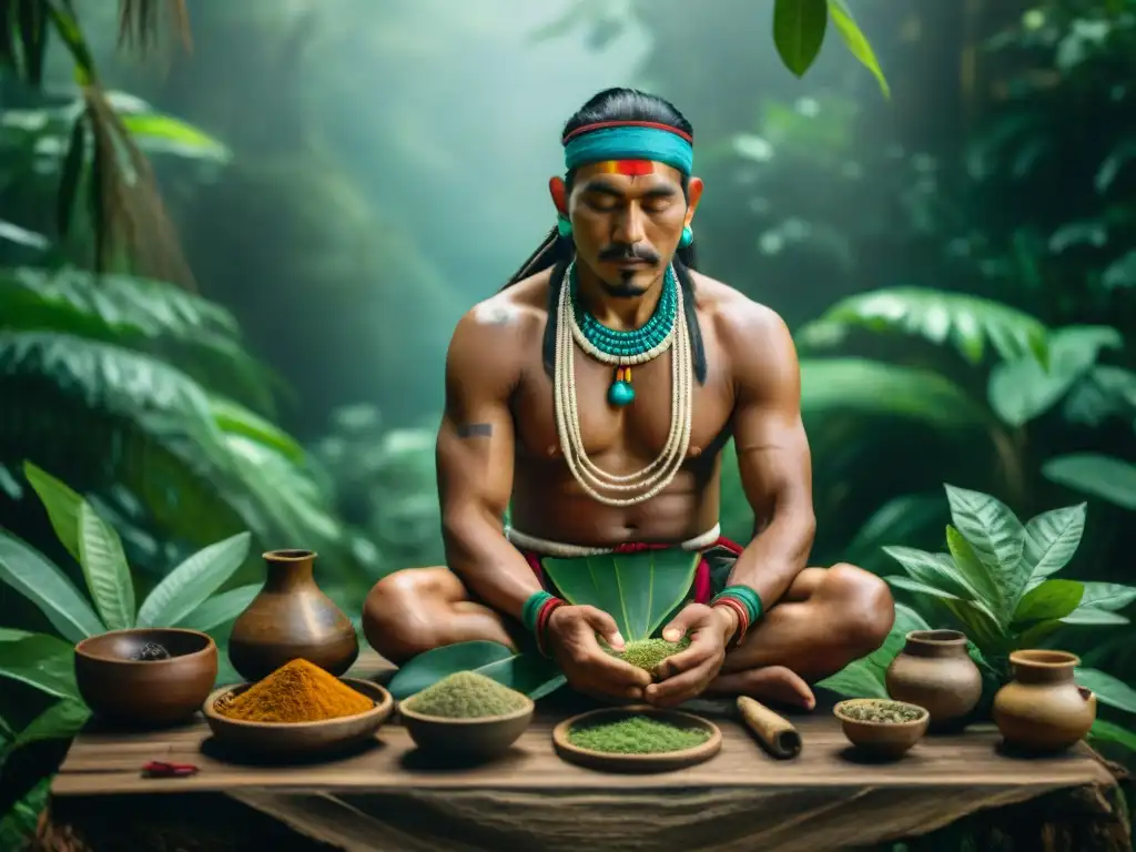 Un chamán maya rodeado de hierbas curativas en la selva, preparando un ritual