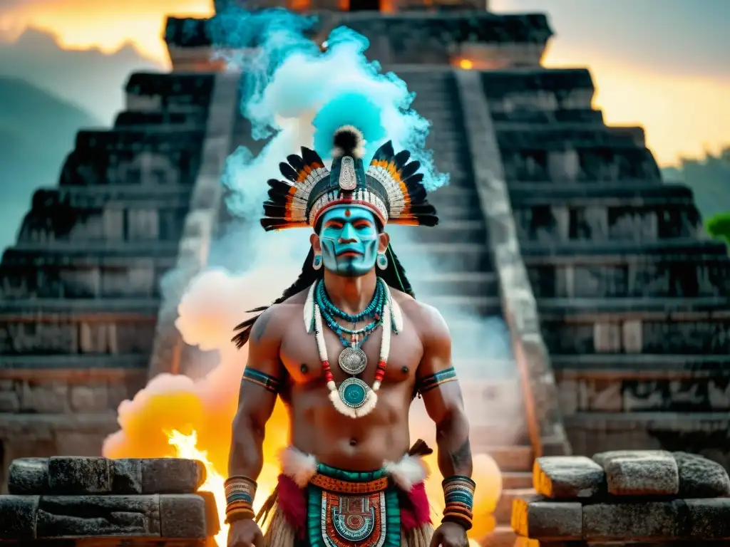 Un chamán maya en ruinas antiguas al amanecer, realizando un ritual de danza rodeado de antepasados, evocando la conexión mística