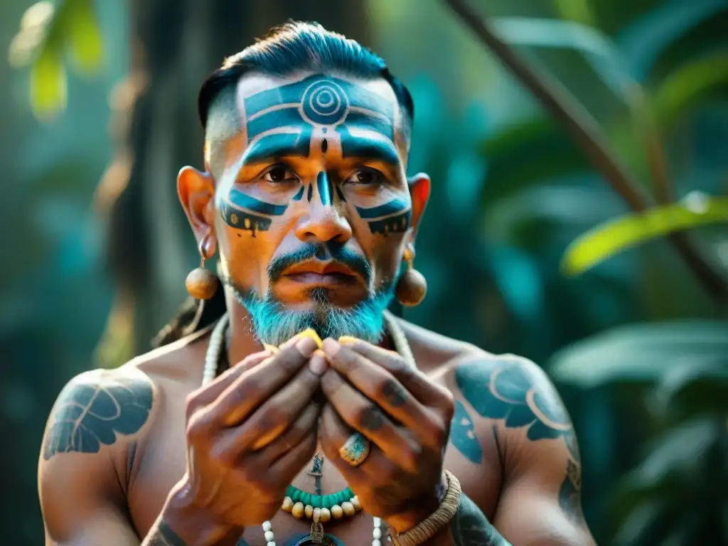 Un chamán maya extrae secretos del Chacáh en la selva, con tatuajes tradicionales y profunda conexión espiritual