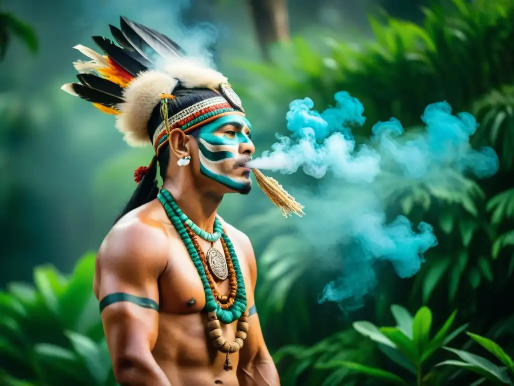 Un chamán maya en la selva, realizando un ritual sagrado con humo de copal