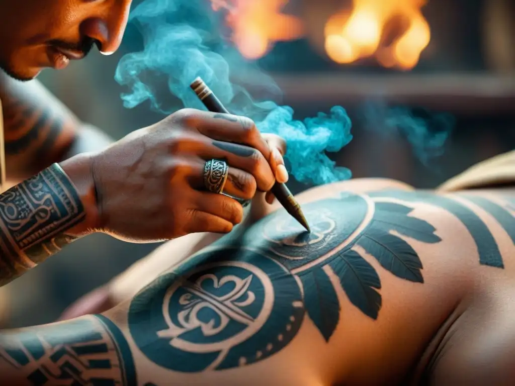 Un chamán maya tatuando símbolos sagrados en un guerrero joven, con herramientas tradicionales en un ritual lleno de misticismo