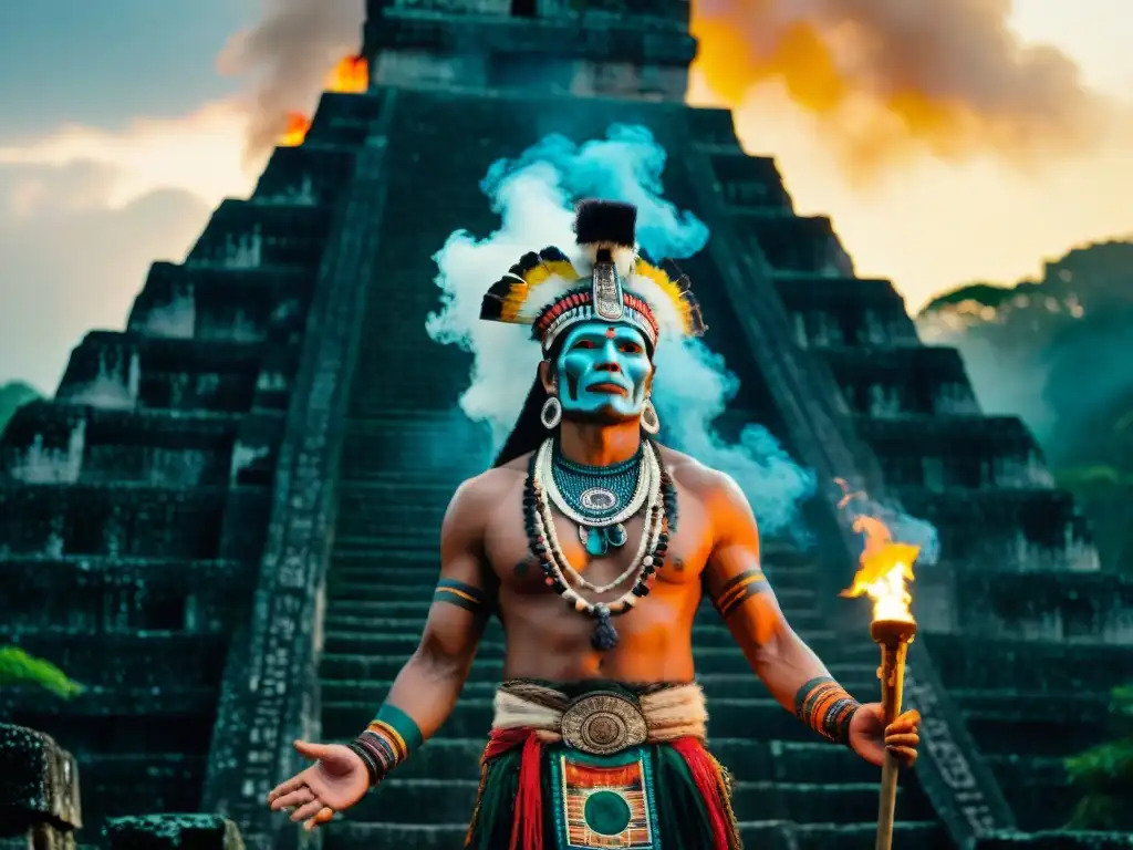 Un chamán maya en Tikal realiza una ceremonia sagrada al atardecer con antorchas y copal, evocando la conexión vida-muerte en prácticas ancestrales