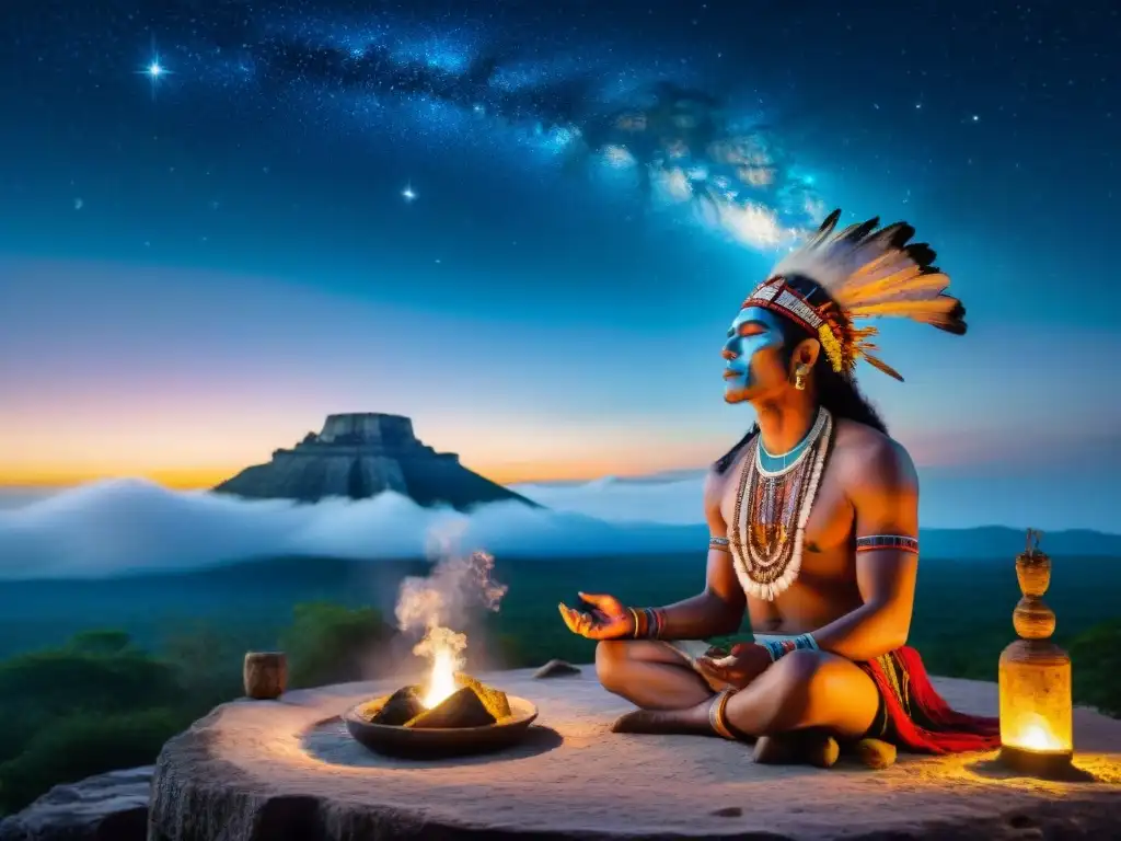 Curandero Maya realiza ritual bajo estrellas y luna llena Un chamán maya tradicional realiza un ritual de sanación bajo un cielo estrellado, envuelto en humo de copal, con constelaciones y la luna llena