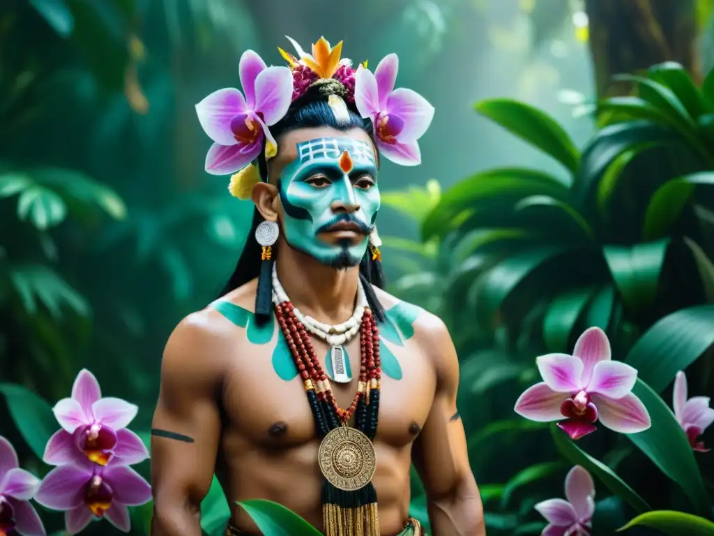 Un chamán maya en trance, invocando espíritus en la exuberante selva, rodeado de orquídeas en flor