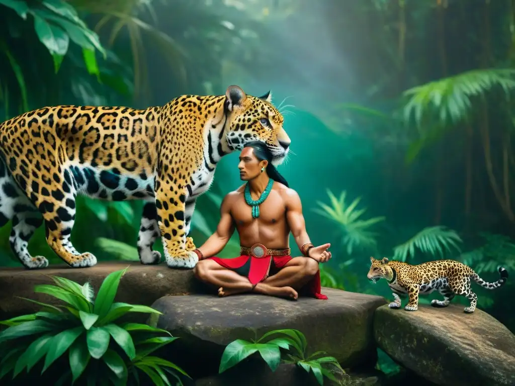 Un chamán maya en trance junto a un jaguar en la selva, reflejando el simbolismo espiritual del jaguar maya