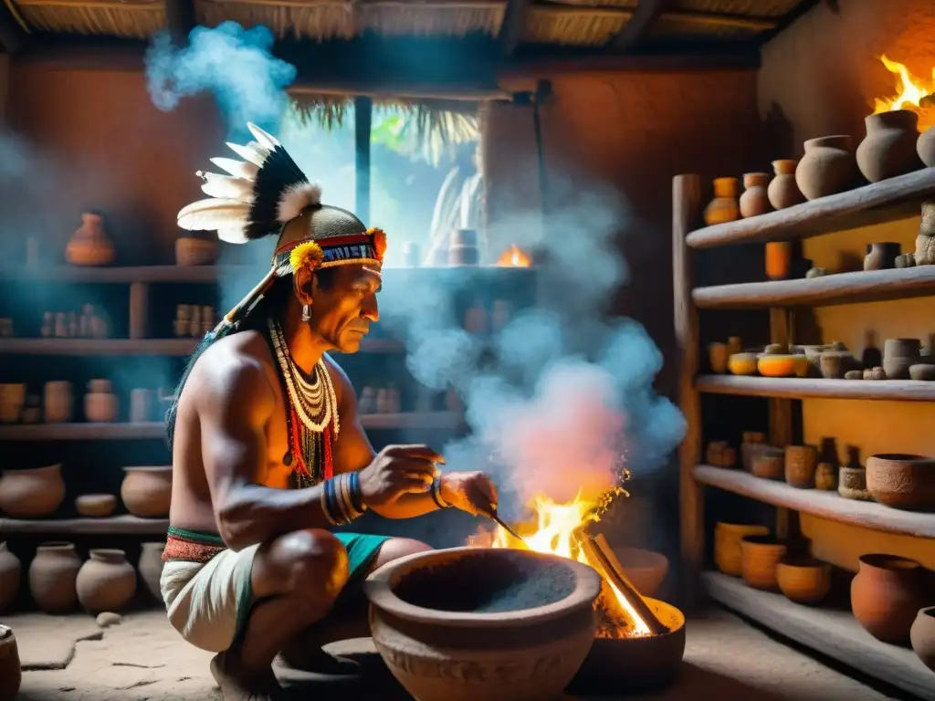 Un chamán maya preparando Xtabentún en una choza iluminada por fuego, rodeado de hierbas místicas y pociones