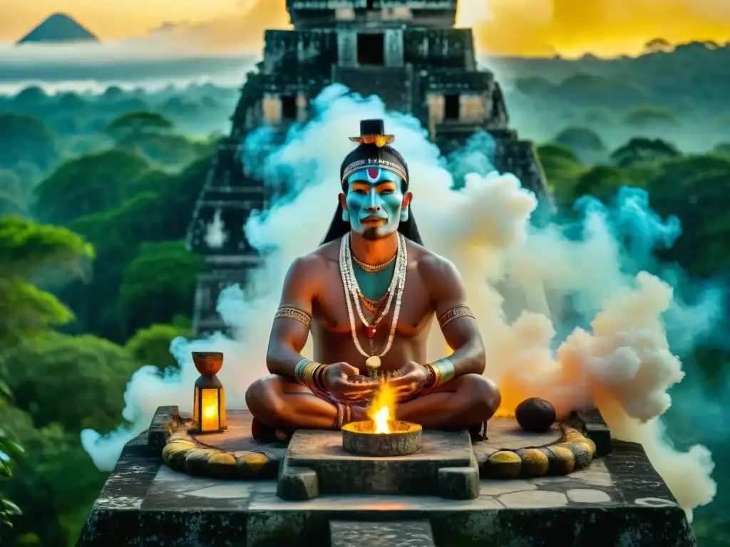 Un chamán realiza un ritual maya en Tikal al amanecer, entre humo y luz dorada, mientras turistas observan con reverencia