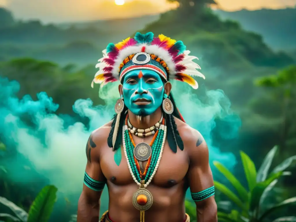 Un chamán realiza un ritual al amanecer en la selva maya, rodeado de ruinas antiguas y humo de incienso