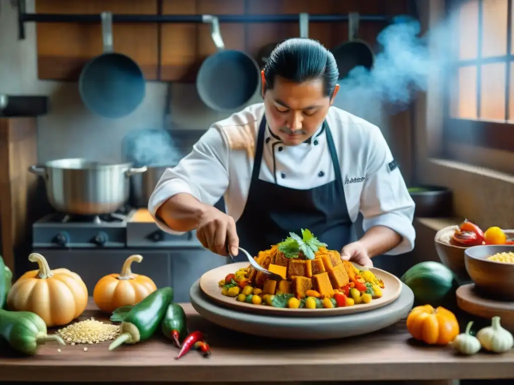 Un chef maya preparando calabaza, rodeado de ingredientes vibrantes en una cocina rústica