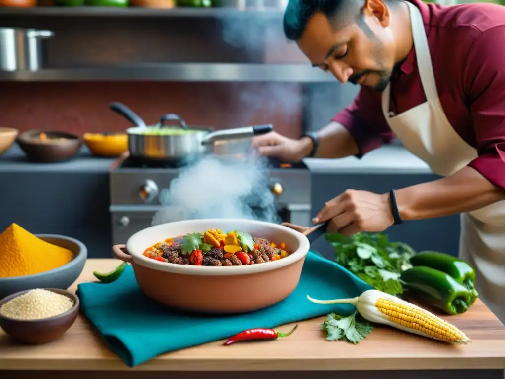 Un chef maya contemporáneo preparando una receta gastronomía maya contemporánea con achiote y chiles habaneros en una cocina moderna