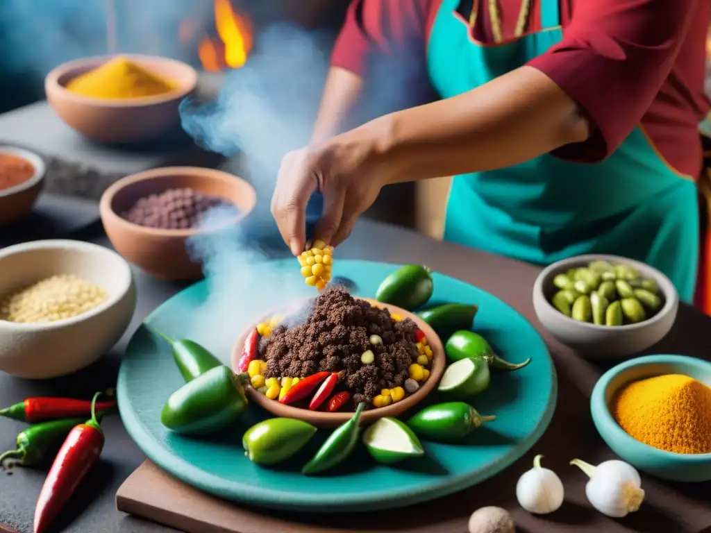 Un chef maya experto preparando platillo en mercado de Teotihuacán: Sabores de Teotihuacán en cocina Maya