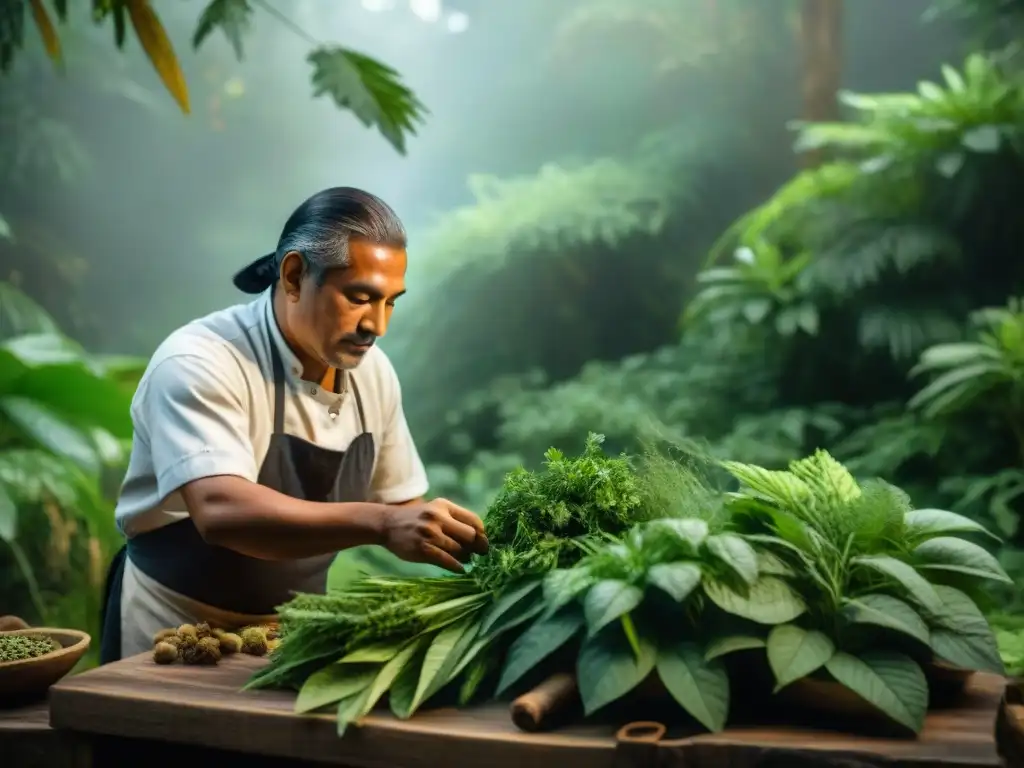 Un chef maya selecciona hierbas medicinales en la selva: conexión con la naturaleza y tradición