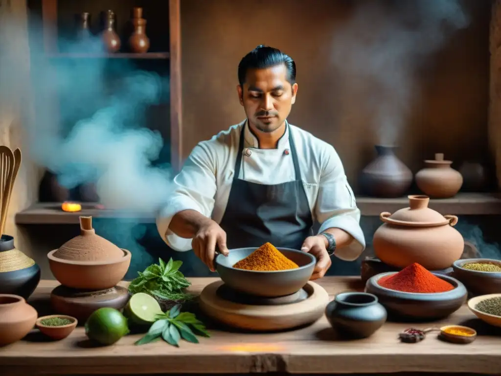 Un chef maya prepara platillos ancestrales en una cocina atmosférica con utensilios tradicionales