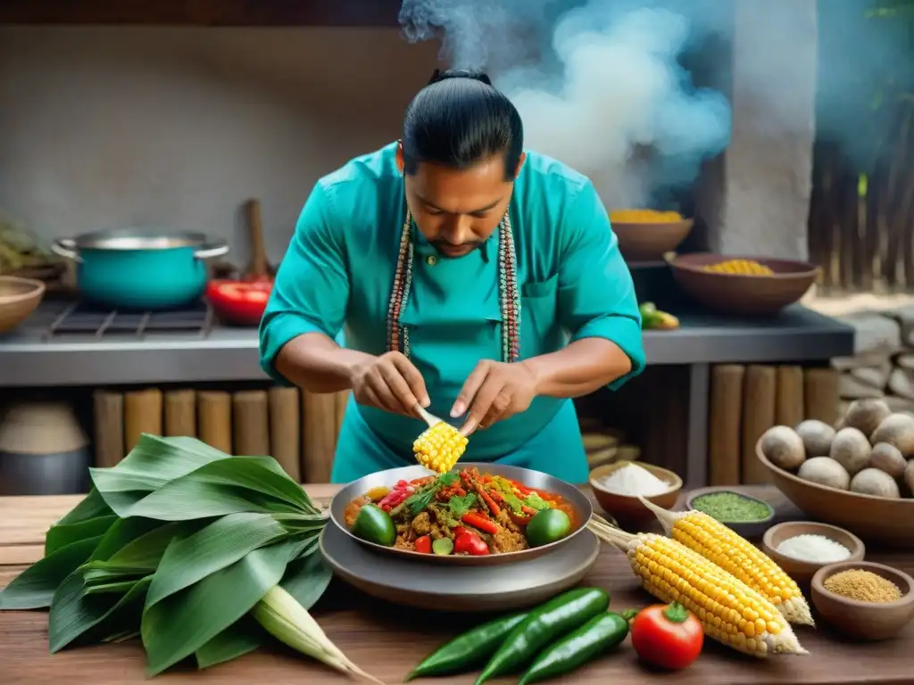 Un chef maya preparando platillos tradicionales con autenticidad y reverencia