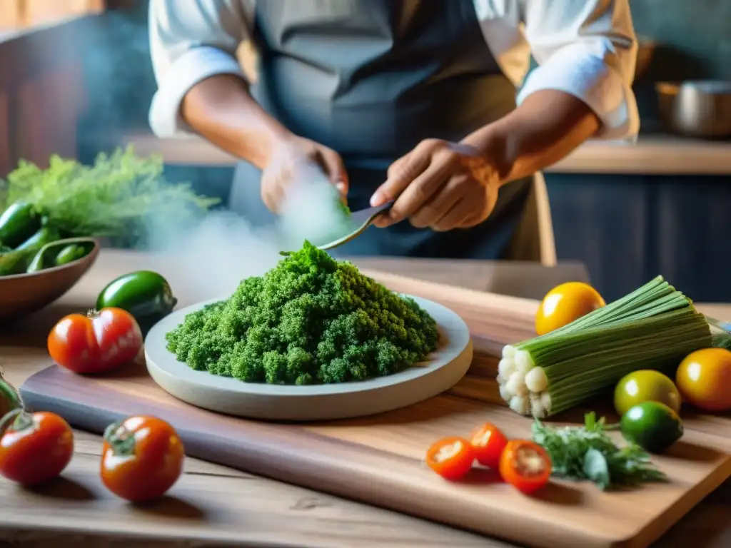 Un chef maya prepara un plato colorido con algas, resaltando técnicas culinarias tradicionales