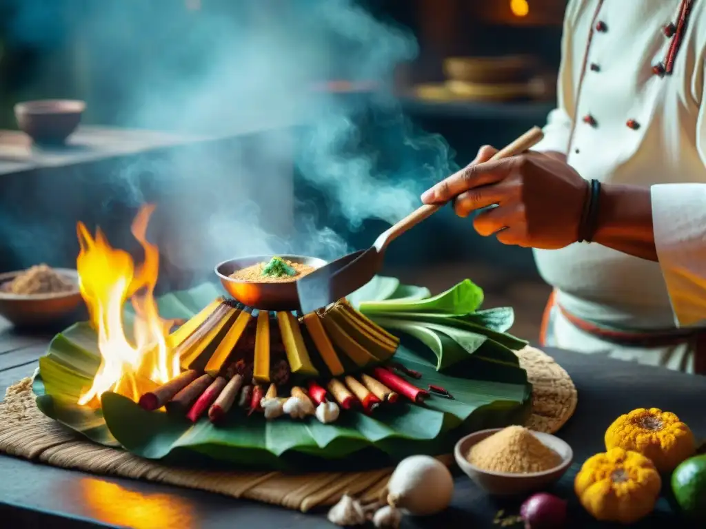 Un chef maya preparando un plato tradicional con ingredientes coloridos y herramientas de cocina, en un ambiente cálido y luminoso