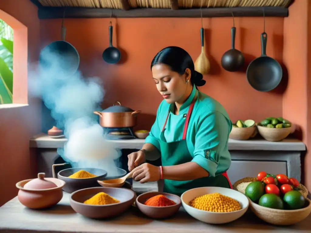 Un chef maya preparando platos coloridos en una cocina tradicional