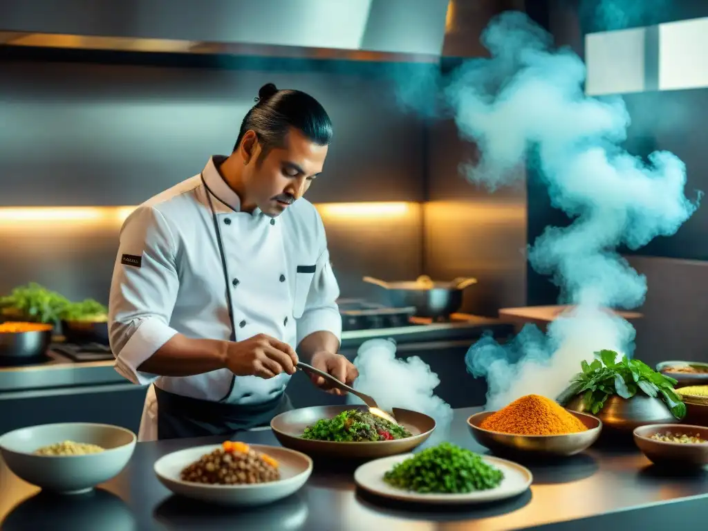 Un chef maya prepara una receta innovadora en cocina contemporánea