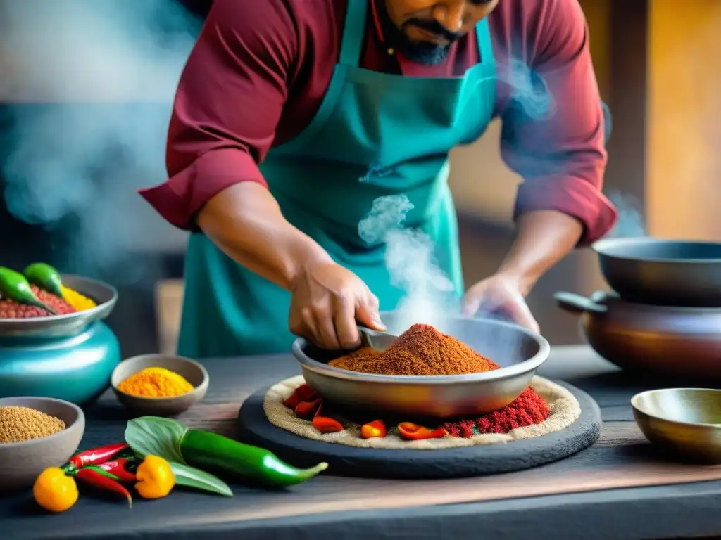 Un chef maya preparando una receta tradicional en cocina rústica con ingredientes autóctonos