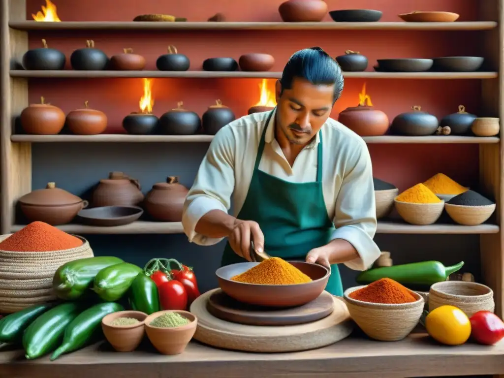 Un chef maya preparando recetas tradicionales gastronomía maya con ingredientes autóctonos en cocina rústica