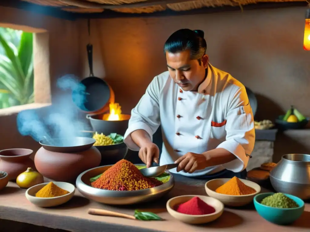 Un chef maya prepara recetas tradicionales en una cocina rústica llena de especias y herramientas antiguas, destacando la herencia culinaria